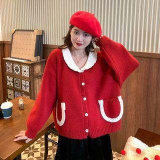 Contrast Trim Collared Cardigan Red - One Size