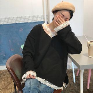 Mock Two-piece Long-sleeve T-shirt / Lace Open Front Jacket