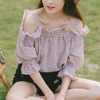 Frilled Trim Cold Shoulder Check Top