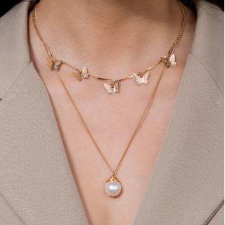 Butterfly Freshwater Pearl Pendant Layered Necklace Necklace - One Size