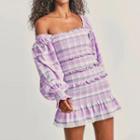 Lantern-sleeve Plaid Mini A-line Dress