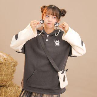 Set: Mock Two-piece Cat Embroidered Hoodie + Crossbody Bag