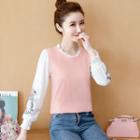 Mock Two-piece Floral Embroidered Top