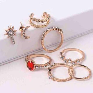 Set Of 8: Rhinestone Earring + Ring (various Designs)
