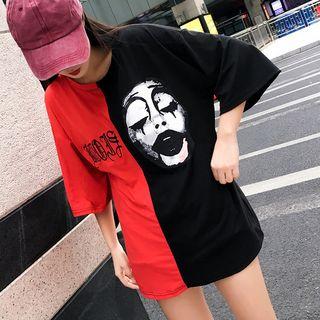 Couple Matching Color Block Letter Embroidered Printed Short-sleeve T-shirt