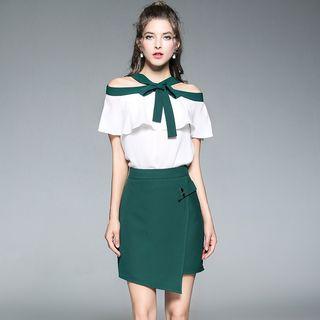 Set: Contrast Trim Off Shoulder Short Sleeve Blouse + A-line Skirt
