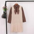 Set: Bow Accent Long-sleeve Blouse + Mini Knit Pinafore Dress