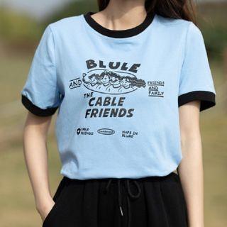 Contrast Trim Cartoon Print T-shirt