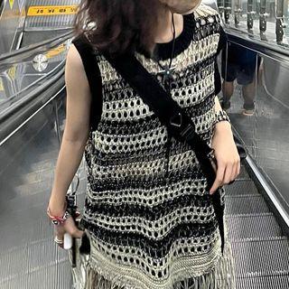 Striped Tassel Crochet Knit Tank Top Black - One Size
