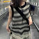 Striped Tassel Crochet Knit Tank Top Black - One Size