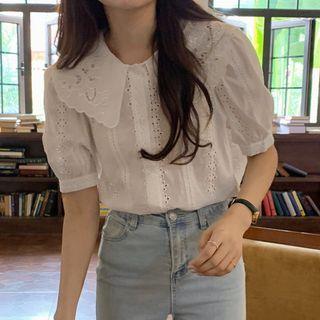 Puff-sleeve Collar Eyelet Blouse White - One Size