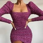 Leopard Print Puff-sleeve Mini Sheath Dress