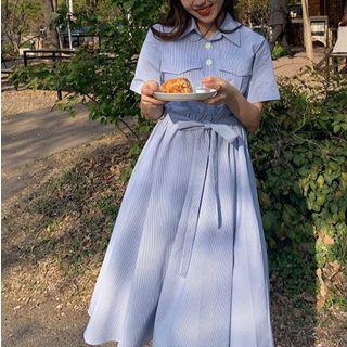 Short-sleeve Striped A-line Midi Dress Stripe - Blue - One Size