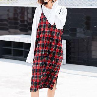 Set: Long-sleeve Top + Strappy Plaid Midi Dress