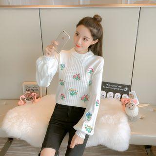Puff-sleeve Floral Embroidered Sweater