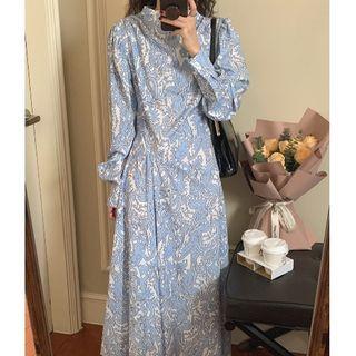 Long-sleeve Floral Print Midi A-line Chiffon Dress Blue - One Size