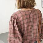Bishop-sleeve Plaid Blouse Pink - One Size