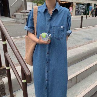 Short-sleeve Midi A-line Denim Dress Blue - One Size