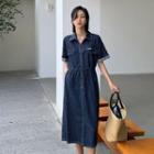 Short-sleeve Belted Denim Midi Front Buttoned Dress Blue - One Size