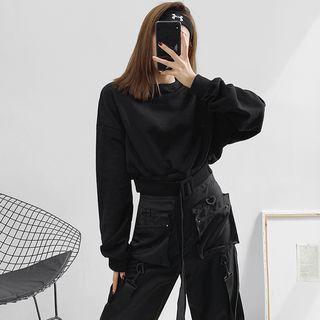 Belted-hem Crop Pullover Black - One Size