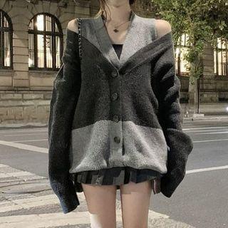 Mock Two-piece Cold-shoulder Cardigan Gray - One Size