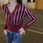 Long-sleeve Striped V Neck Cardigan Stripe - Red - One Size