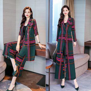 Set: Plaid Snap Button Jacket + Wide-leg Pants