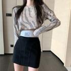 Long-sleeve Zebra Print Crop Top / Fitted Mini Skirt