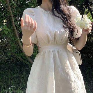 Short-sleeve Crew Neck Cutout Faux Pearl Mini A-line Dress