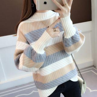 Mock Turtleneck Lantern-sleeve Striped Sweater