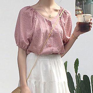 Check Short-sleeve V-neck Blouse