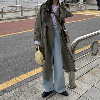 Double-breasted Midi Trench Coat Dark Green - One Size