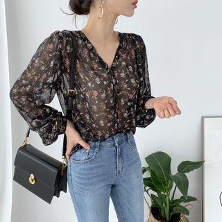 Set: 3/4-sleeve Floral Blouse + Camisole
