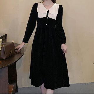 Long-sleeve Bow Corduroy Midi A-line Dress