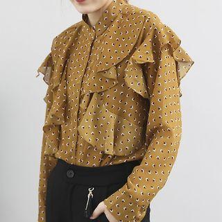Patterned Ruffle Trim Chiffon Blouse