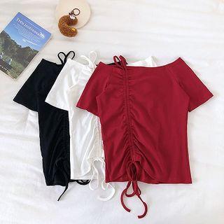 Plain Lace-up Slim-fit Short-sleeve Top