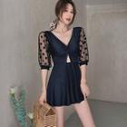 Elbow-sleeve Dotted Swim Dress