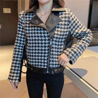 Houndstooth Zip-up Faux Leather Biker Jacket