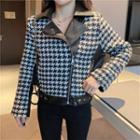 Houndstooth Zip-up Faux Leather Biker Jacket