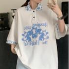 Short-sleeve Collared Cow Print T-shirt