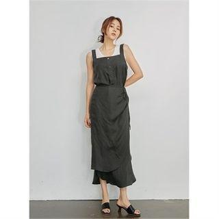 Half-placket Tie-waist Jumper Dress Charcoal Gray - One Size