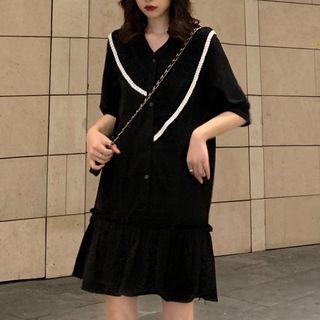 V-neck Ruffle-trim Pleated Dress Black - One Size