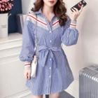 Puff-sleeve Striped A-line Shirt Dress