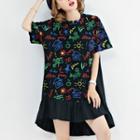 Short-sleeve All Over Pattern Ruffled Dress Black - One Size