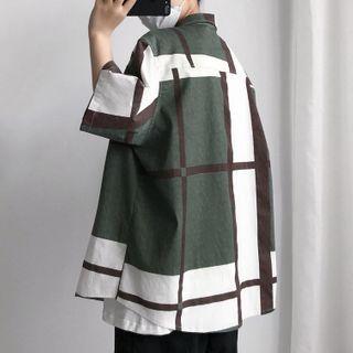 Contrast Color Plaid Elbow-sleeve Shirt