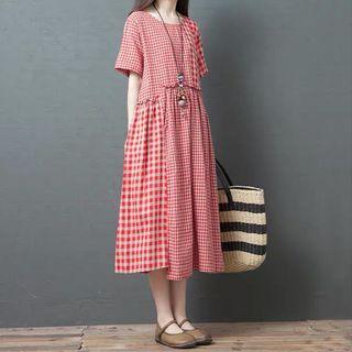 Elbow-sleeve Gingham Paneled A-line Midi Dress