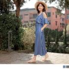 Short Sleeve Cold Shoulder Striped Midi A-line Dress