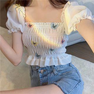 Cap-sleeve Chiffon Crop Top White - One Size