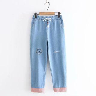 Drawstring-waist Embroidered Slim-fit Jeans