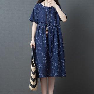 Elbow-sleeve Frill Trim Patterned A-line Dress
